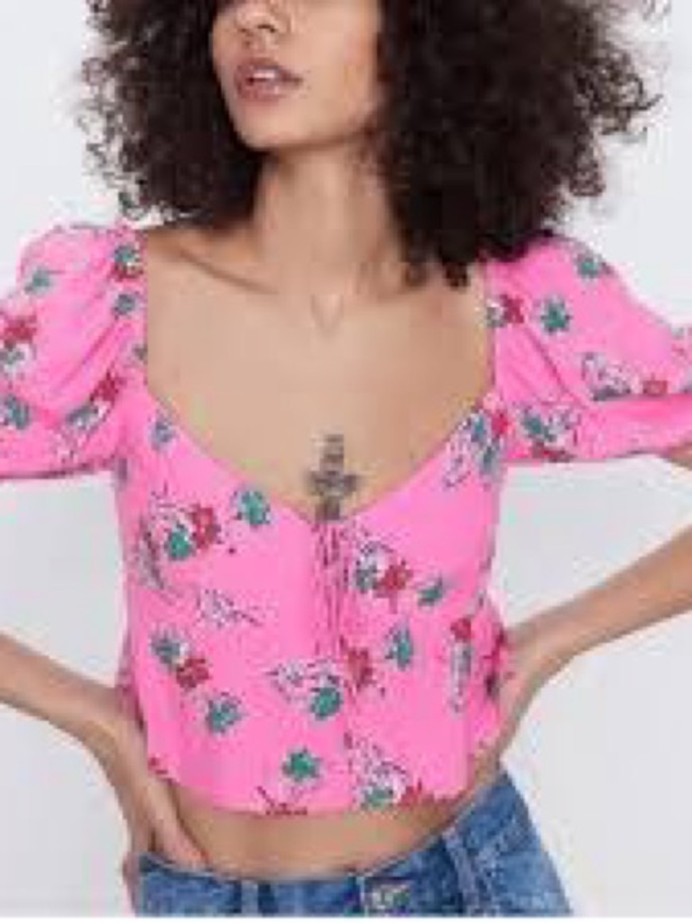 Zara Pink Floral Square-Neck Puff Sleeve Crop Top